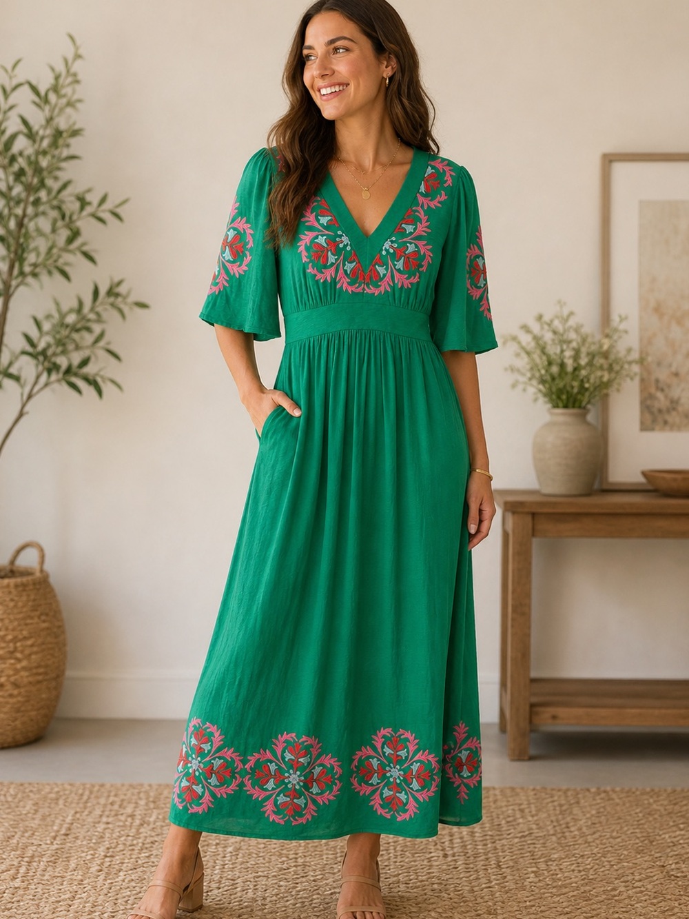 BODEN Maya Kimono Embroidered Maxi Dress